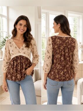 Bohemian floral V-neck peasant, blouse, brown, and cream size 2X